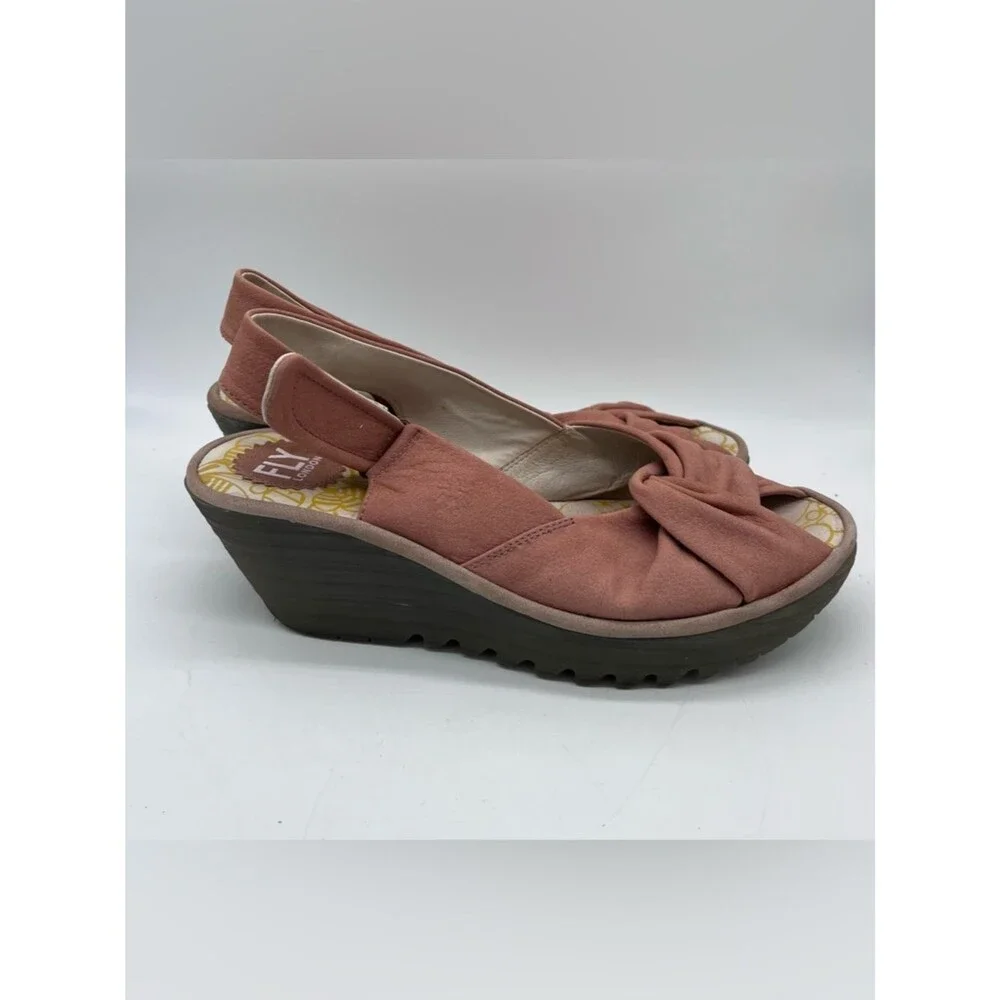 FLY LONDON Yata Pink Nubuck Suede Wedge Sling Back Peep Toe Sandals size 40